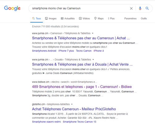 Importance du SEO - recherche des smartphones moins chers au Cameroun