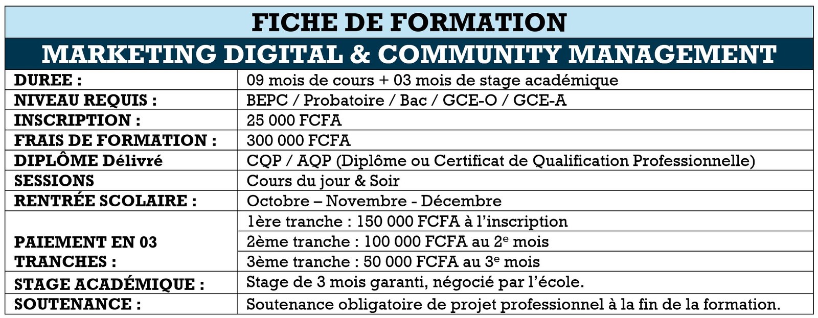 Tableau fiche de formation marketing digital et community management griotys academy